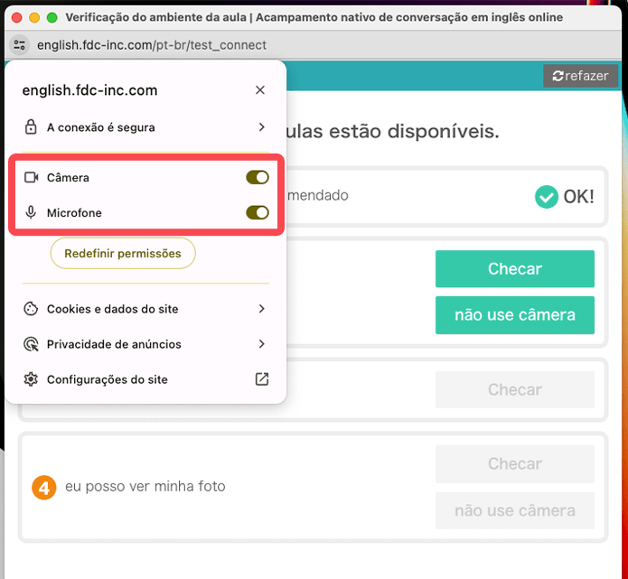 Configuração de permissão da câmera e microforne