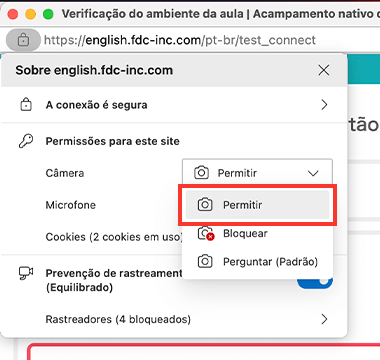 Configuração de permissão da câmera e microforne